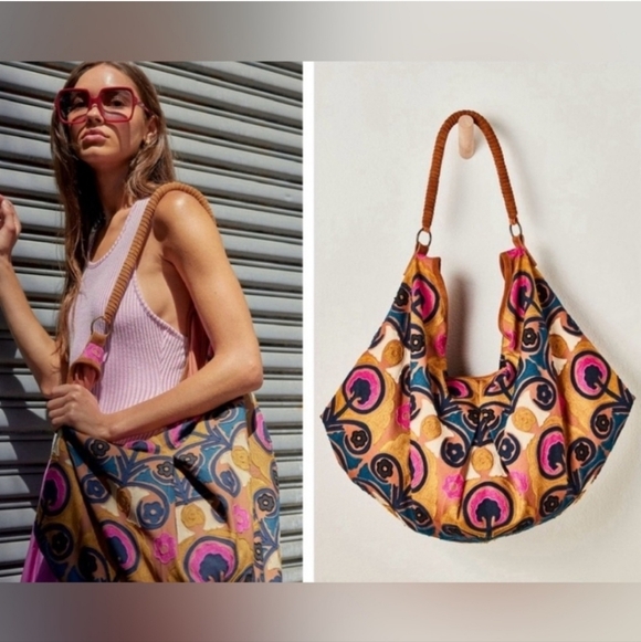 Free People Hypnotized Slouchy Tote Floral Bohemian Leather Wrapped Handle